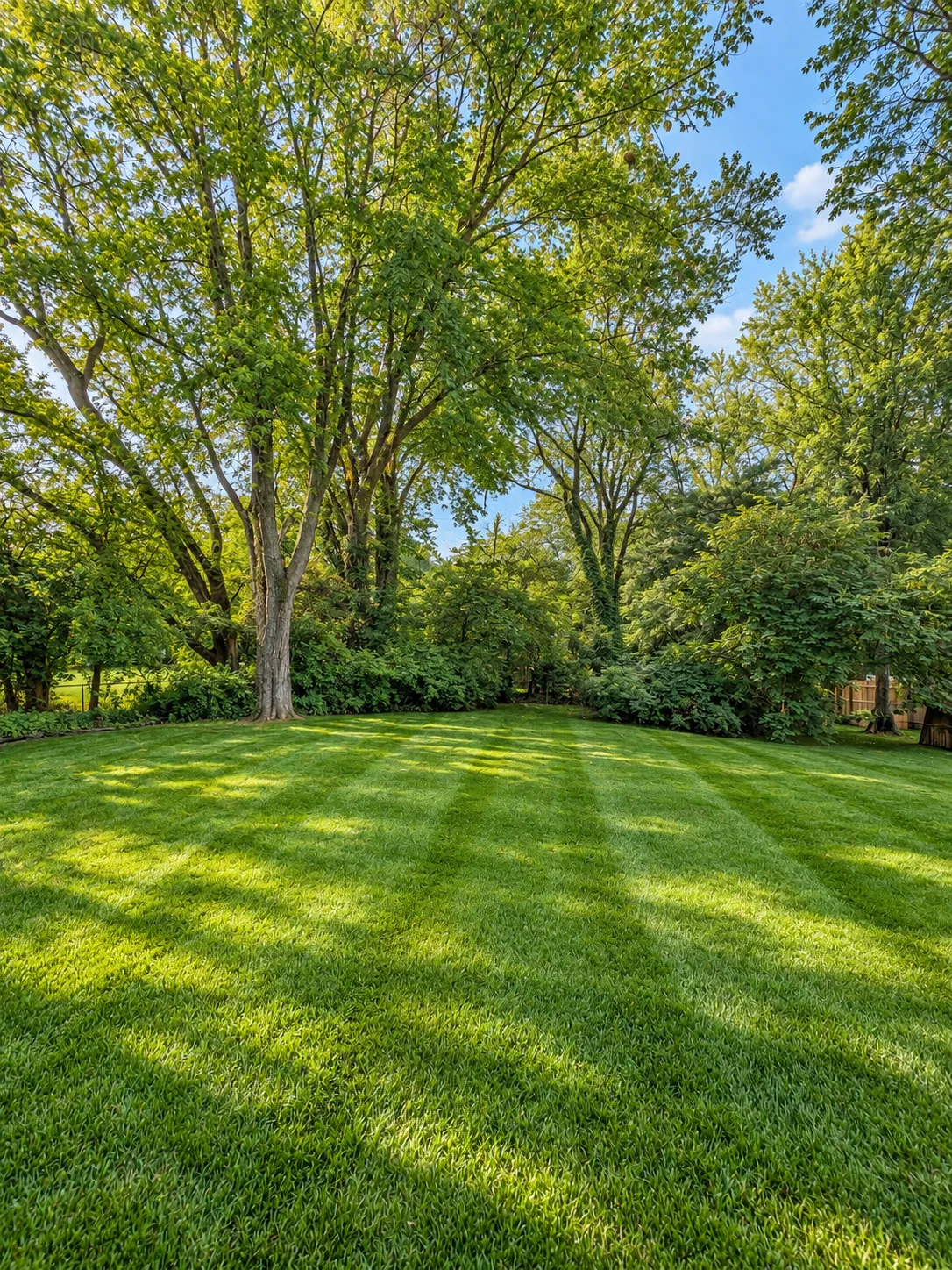 Mature trees and lawn