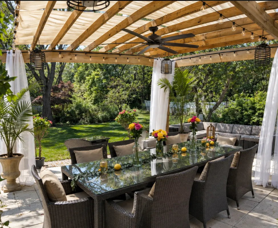 Pergola dining room overlooking the lawn