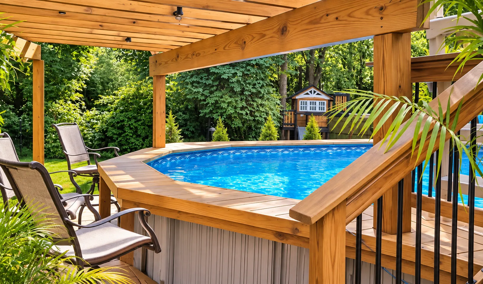 Above-ground pool framed by decking