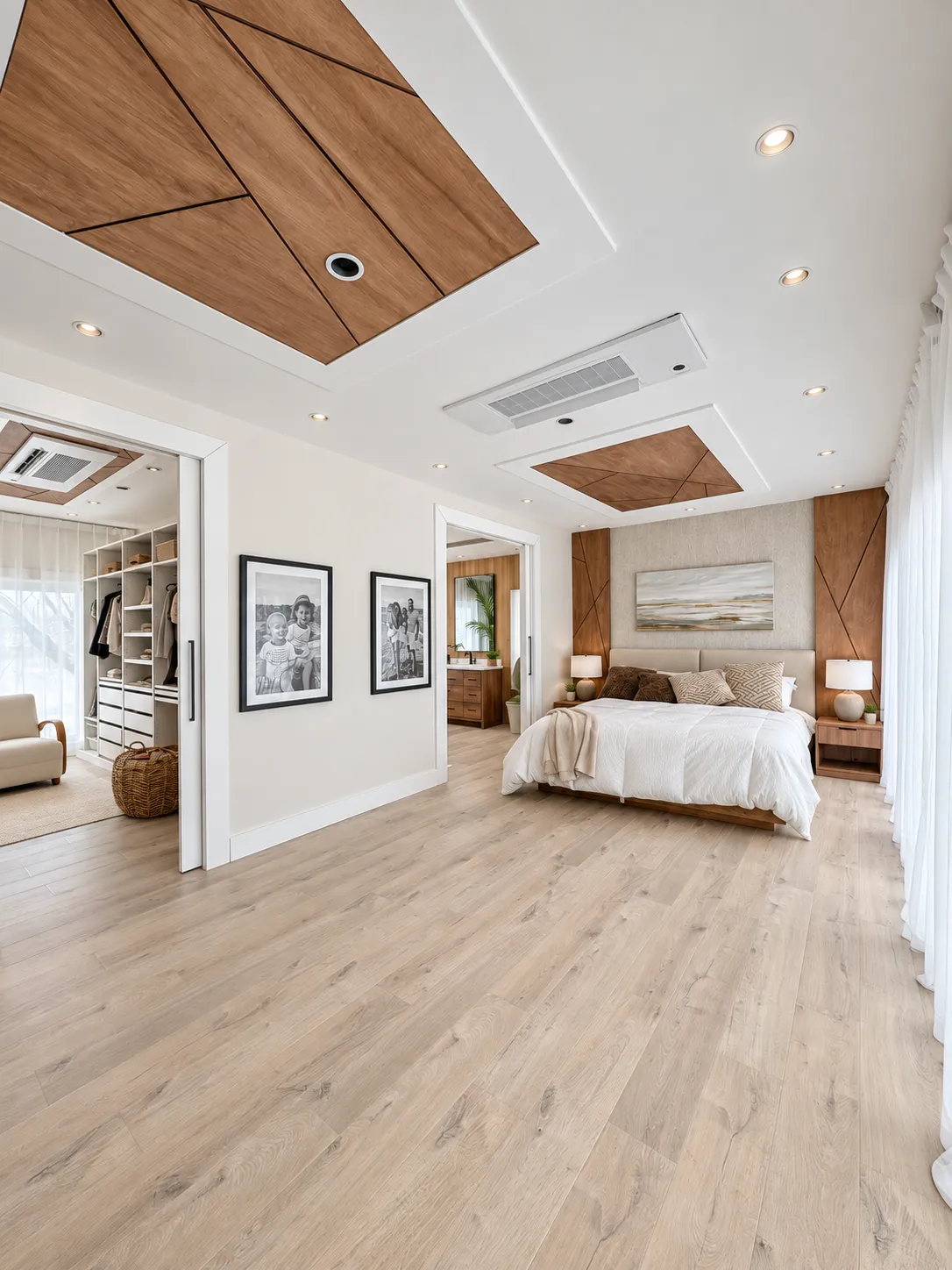 Primary suite with dramatic ceiling design